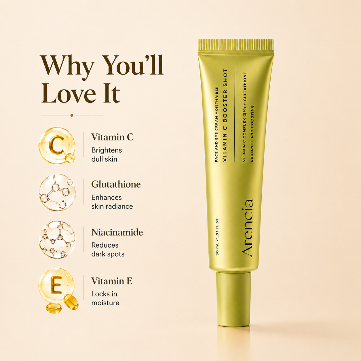 Vitamin C Booster Shot, Glow-Enhancing Moisturizer with Vitamin C, Glutathione for Radiant, Glass Skin, Fades Dark Spots | 1.01 fl oz
