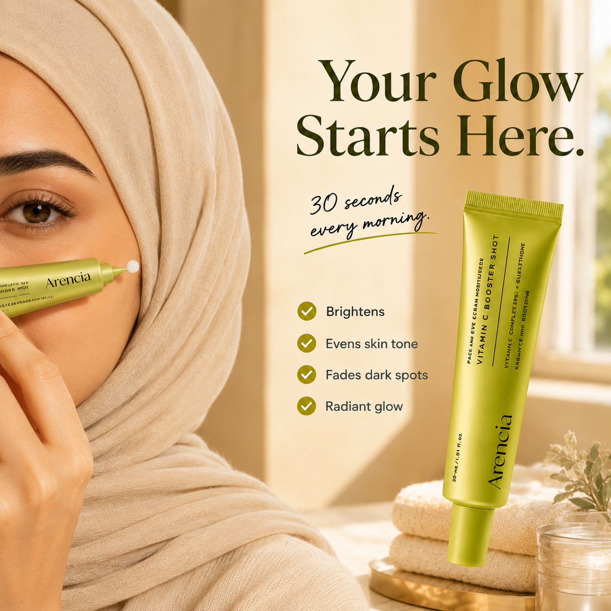 Vitamin C Booster Shot, Glow-Enhancing Moisturizer with Vitamin C, Glutathione for Radiant, Glass Skin, Fades Dark Spots | 1.01 fl oz